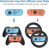 HEYSTOP Switch Wheel Controller for Nintendo Switch & Switch OLED Model 2021 (4 Pack) Joy Con Controller Grip and Switch Steering Wheel for Mario Kart (Black)